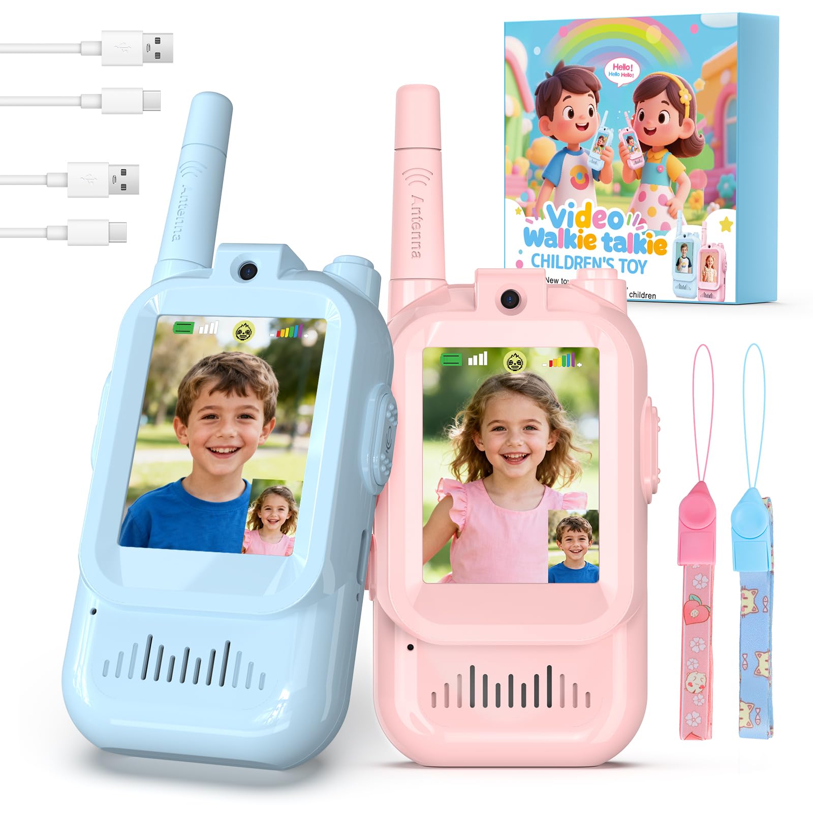 Talkie Walkie Enfants Rechargeable avec Vidéo Caméra HD pour Plein Air Bleu et Rose