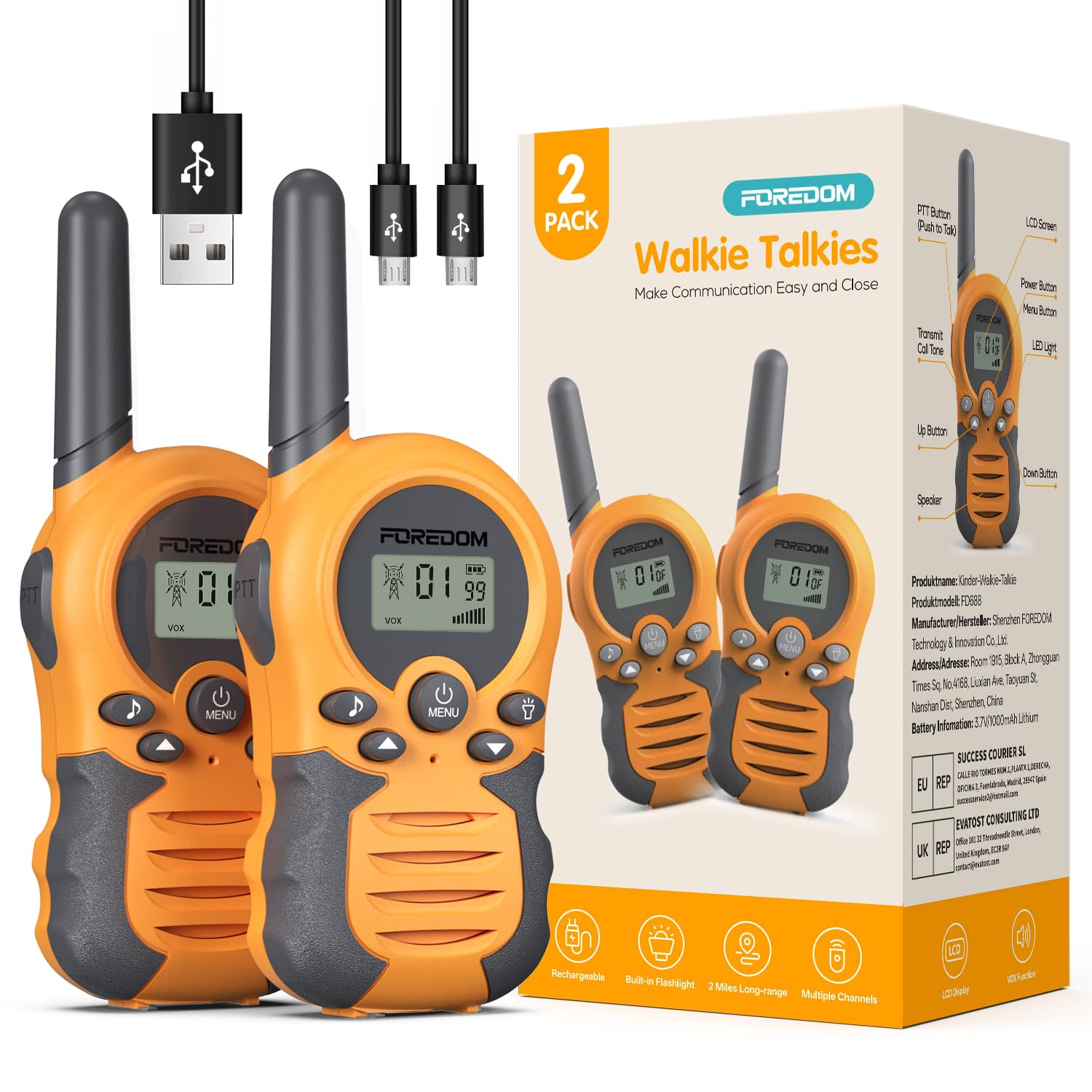 FOREDOM Talkie Walkie Enfants Rechargeable - Longue Portée pour 3-12 Ans, Cadeau Aventure Plein Air, Lot de 2 Global Rec