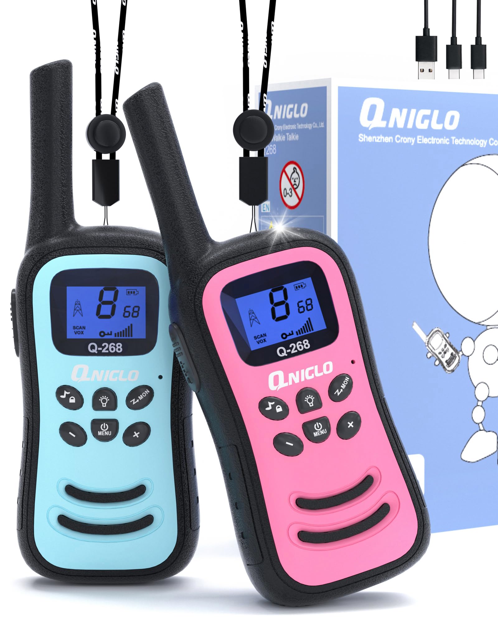 QNIGLO Talkie Walkie Enfants - VOX Talkie Walkie Rechargeable 3KM 3-12 Ans Fille & Garçon Fonction Lampe de Poche Cadeau